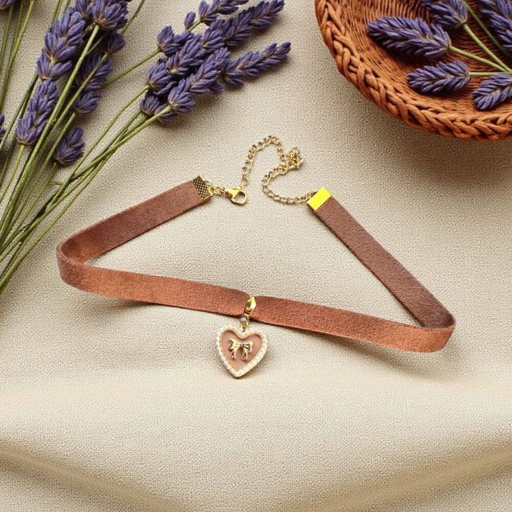 Brown Velvet Heart Choker Necklace with Pink Bow Charm Gold Tone Cottagecore
